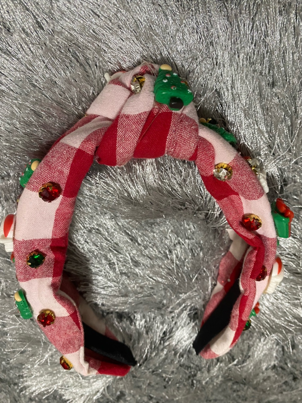 Festive Red Plaid Braided Headband with Embellishments